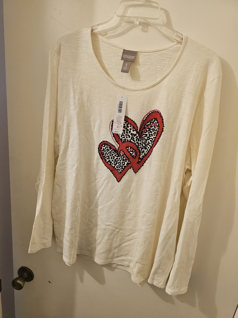 Chico's Cream Long-Sleeve Tee with Red Leopard Heart Graphic
